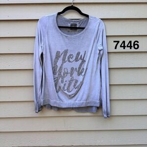 Better Rich Gray Rhinestone New York City Long Sleeve Graphic Top Cotton Modal